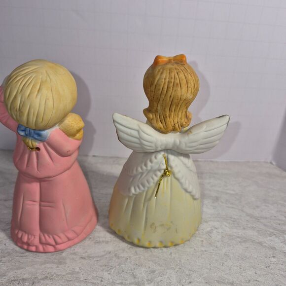 2 Vintage Porcelain Angel Bell's 4.5in's Tall 1 in Yellow Dress & 1 in Pink. - Picture 4 of 10
